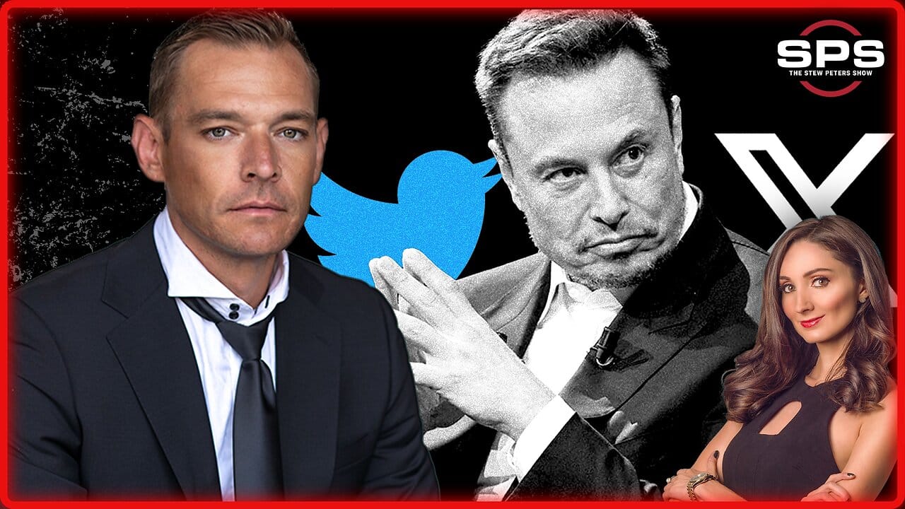 Stew Peters and Elon Musk with a Twitter logo in the background.